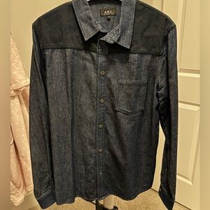 A.P.C. Men's Dark Blue and Black Button Down Jeans Shirt